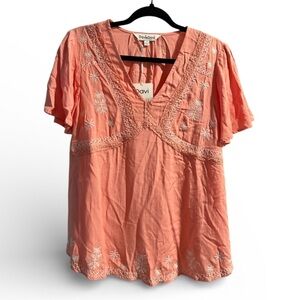 Davi & Dani Coral Pink Embroidered V-Neck Boho Lace Trim Blouse- Small